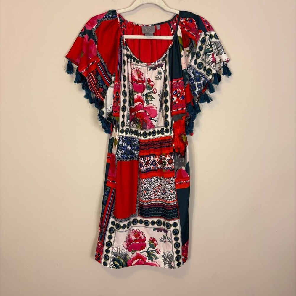 Vanessa Virginia Anthropologie Red‎ & Blue Patterned Short Sleeve Dress XS